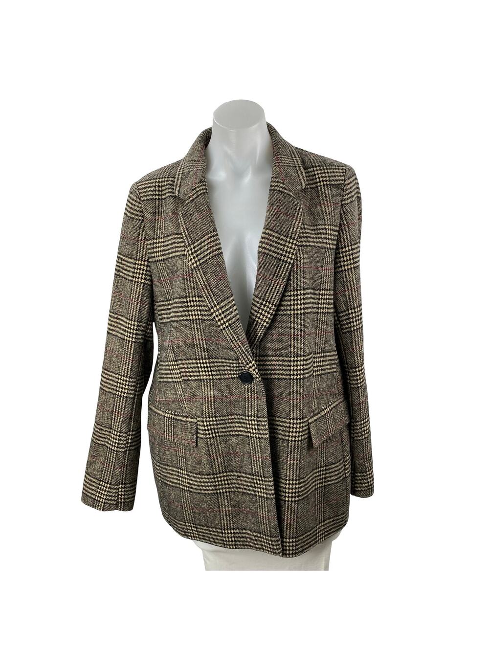 The Drop Women's Beige Plaid Long Sleeve Notch Lapel Blazer Coat Suit Jacket L